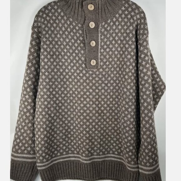 Peregrine Taupe 100% Wool 1/4 Button Cable Knit Sweater Mens XXL Fleur De Lis - Picture 1 of 5